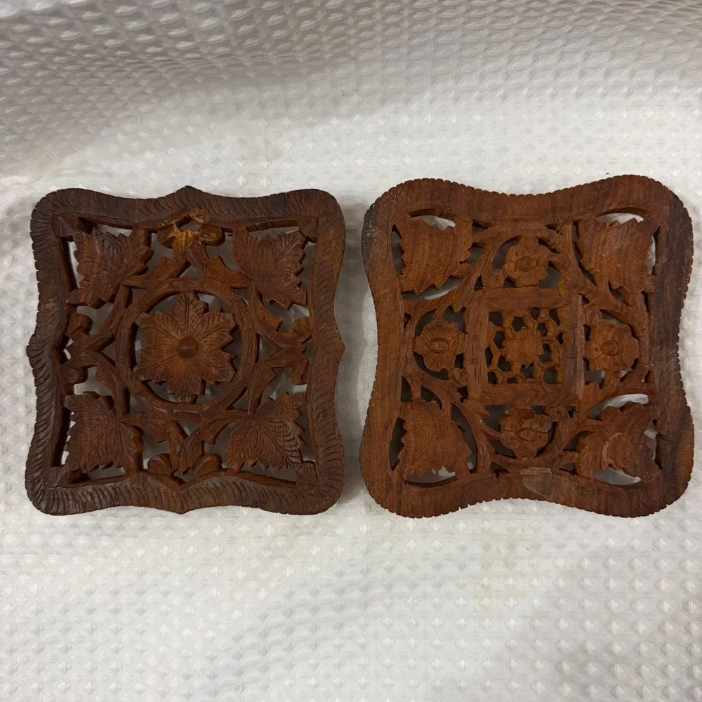 Vintage Hand-Carved wooden trivet crafted in India w floral & leaf motifs